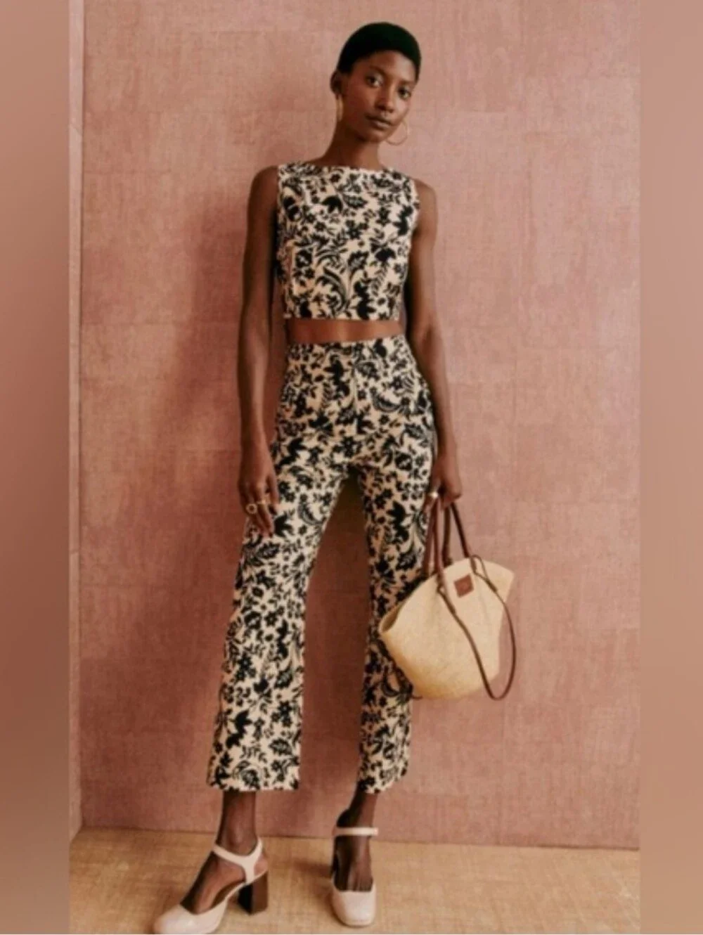 Sezane Martin Crop Nora Print Trousers Linen Blend Floral Pants Size 8
